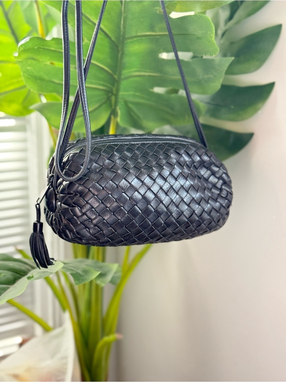 LISETTE Black Woven Leather Crossbody Bag with Tassel